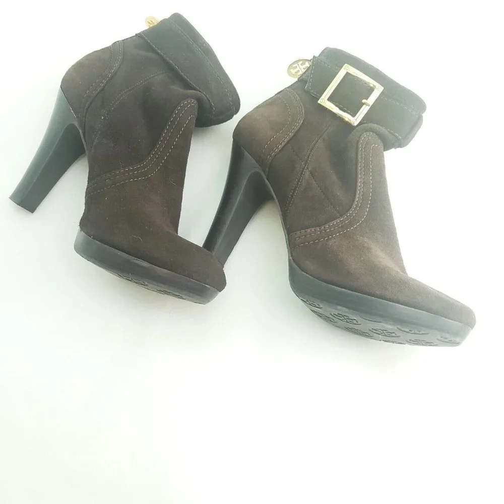 Tory Burch Womens Brown Suede Gold Hardware Buckle Ankle Strap Booties Size 6M